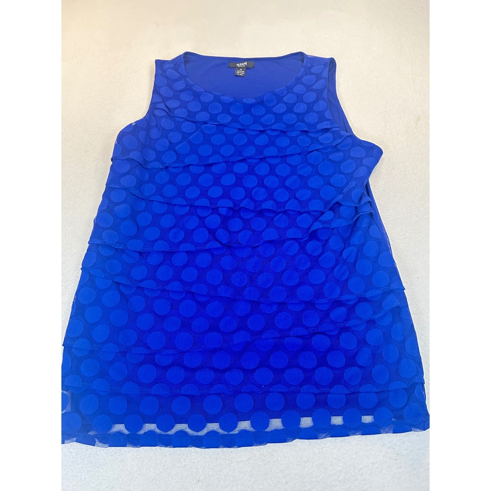 Alfani Tiered Polka Dot Mesh Blouse Women 1X Blue Retro Chic